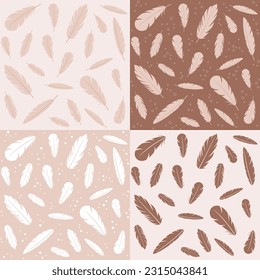 Set of seamless patterns with feathers in beige and brown colors. Vector illustration in flat style
