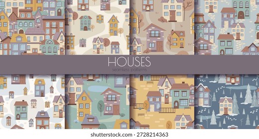 Conjunto de padrões sem costura com casas de desenho animado coloridas em vários cenários sazonais, estilo gráfico plano, em fundos cênicos abstratos. Ilustração vetorial