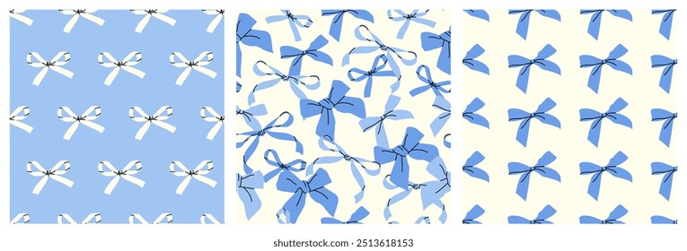 Conjunto de padrões sem costura com arcos azuis elegantes em fundos claros. A coleção inclui vários arranjos de arco, perfeitos para embrulhar presentes, têxteis, artigos de papelaria ou decorações festivas.