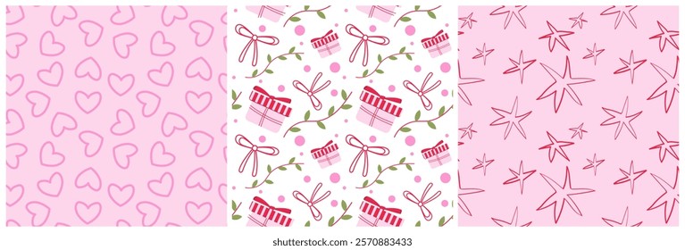 Set of seamless patterns featuring hearts, gift boxes, bows, leaves, and stars in pink and red color themes. Holiday wrapping paper.  Festive pattern for gift print, fabric. Vector Illustration