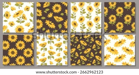 Set of seamless patterns featuring sunflowers. Summer floral designs for fabric swatches, scrapbooking, and printing. Vector background with sunflowers
