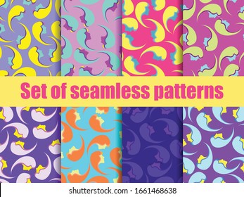 Set of seamless patterns with female faces. Zine culture colorful background. Pop art color palette. Vector illustration