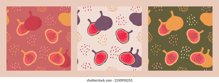Un conjunto de motivos impecables con higos pintados en diferentes tonos artesanales y colores diferentes. Papel perfecto en la pared de un café, envuelto en un paquete de vino o de vino del puerto