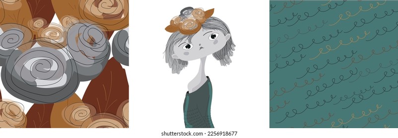 A set of seamless patterns and figures of a girl. Vector file for designs.