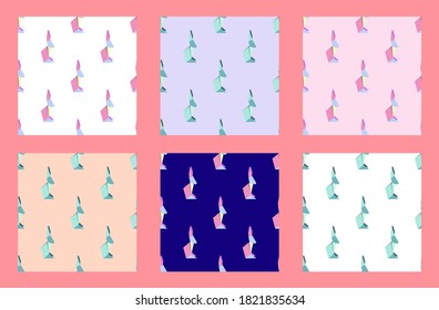 Set of seamless patterns with figures of multicolored origami rabbits. Vector illustration