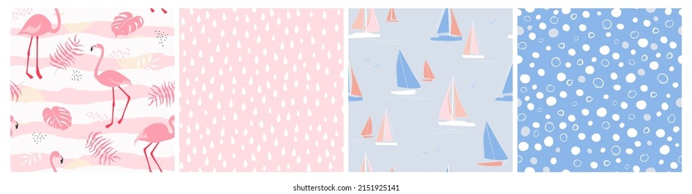 A set of seamless patterns with flamingo birds, palm leaves, the sea and boats with sails. Simple abstract shapes of water droplets and bubbles. Vector graphics.