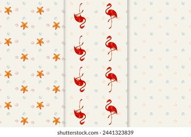 A set of seamless patterns with flamingos, shells and sea stars