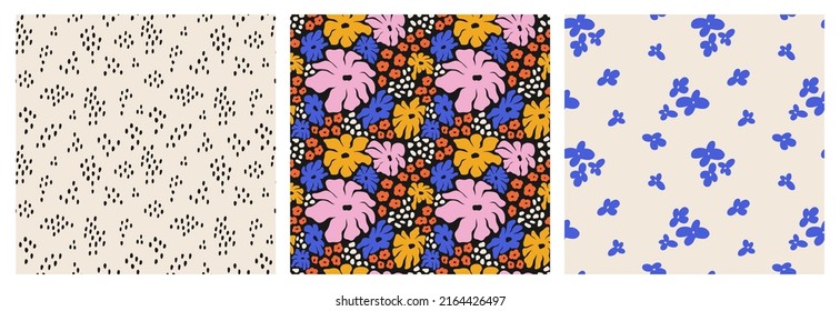 Un conjunto de patrones sin fisuras con abstracto floral. Una colección de huellas de verano brillantes. Coloridos y bonitos fondos con flores y manchas. Dibujo plano moderno, estilo caricatura.