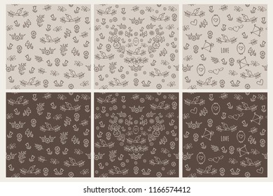 Set of seamless patterns with floral elements for textile, wallpapers, covers, surface, print, wrap, scrapbooking. Brown background.  Vector.