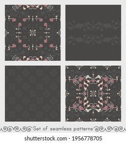 Conjunto de patrones sin fisuras florales con flores de lirio y corazones. gris oscuro, rosa, marfil crema y naranja pastel. Vector.
