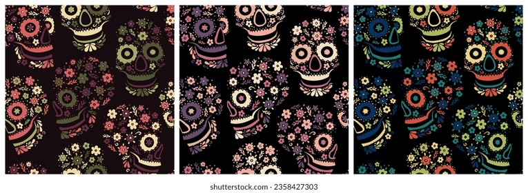 Set of seamless patterns with floral sugar skulls and flowers. The Day of the Dead. Beautiful colorful illustration.