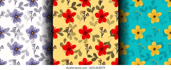 Set of seamless patterns, floral summer pattern, flowers and leaves, fabric print. Gray, yellow, turquoise. Vector, colorful background, wallpaper, wrapping paper