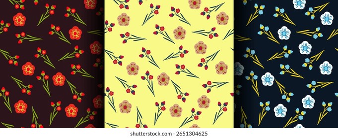 Set of seamless patterns, floral summer women's patterns, flowers and leaves, fabric print. Red, yellow, black, blue. Vector, colorful background, wallpaper, wrapping paper