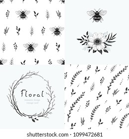 Set of seamless patterns, floral wreath and decorations with hand-drawn plants and bee. Vector collection template in vintage style for your design. Drawing illustration.