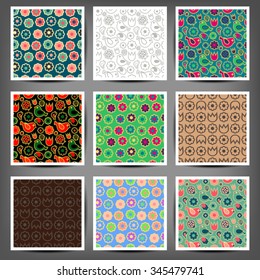set of seamless patterns of flowers and birds