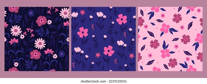 Set of seamless patterns with flowers in blue and pink colors. Vector graphics.