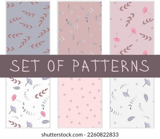 Set of seamless patterns. Flowers, branches, leaves