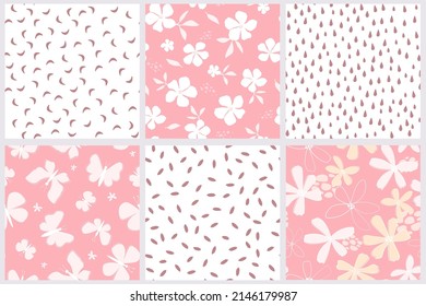 A set of seamless patterns with flowers, butterflies, leaves, raindrops. Natural spring and summer abstract print. Vector graphics.