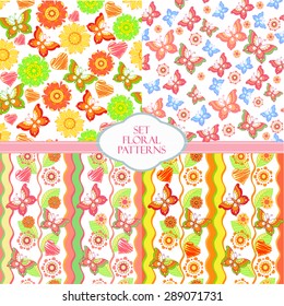Set seamless patterns. Flowers, butterflies, hearts.