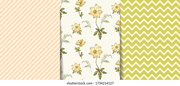 Set of seamless patterns with flowers, diagonal lines, zigzags. Element for your design textile, fabric, scrapbooking paper, wallpaper, and packaging. Vector.