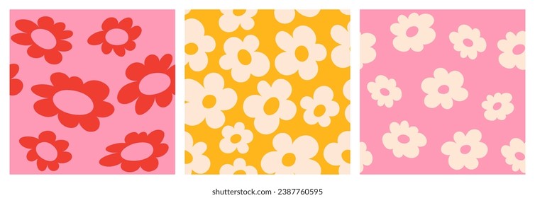 Set of seamless patterns of flowers in groovy style