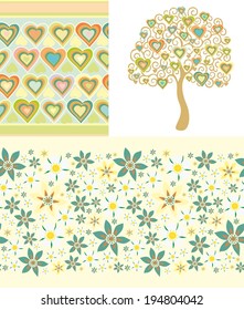Set of seamless patterns with flowers and hearts