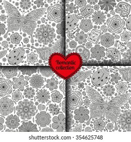 Set of seamless patterns with flowers, ladybugs and butterflies, hearts, cards, bear, gift, and key. Romantic floral backgrounds. Black and white colors. Detailed vector illustration. 