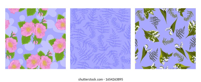 Set of seamless patterns with flowers and leaves on a blue background. Vector graphics.
