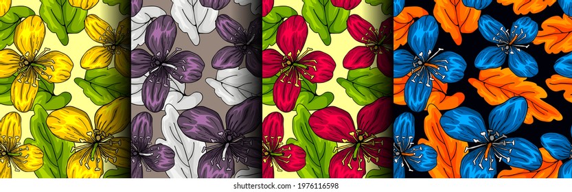 Set of seamless patterns flowers and leaves, multicolored summer ornament for printing on fabric or wallpaper, wrapping paper. Floral print. Stock vector background.