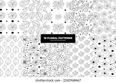 Set of seamless patterns with flowers, leaves and herbal doodles. Vintage style blooming flowers and leaves. Ready for for textile, fashion and wallpapers. Scandinavian style vector illustrations. 