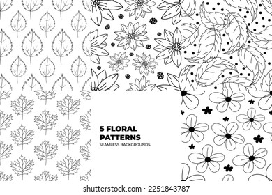 Set of seamless patterns with flowers, leaves and herbal doodles. Vintage style blooming flowers and leaves. Ready for for textile, fashion and wallpapers. Scandinavian style vector illustrations. 