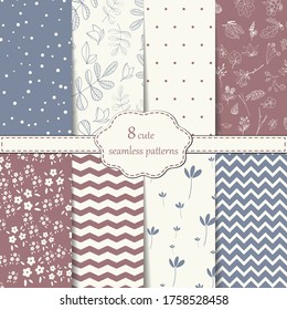 
Set of seamless patterns with flowers, lines, zigzags, dots. Element for your design textile, fabric, scrapbooking paper, wallpaper, label and packaging. Vector.