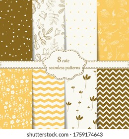 
Set of seamless patterns with flowers, lines, zigzags, dots. Element for your design textile, fabric, scrapbooking paper, wallpaper, label and packaging. Vector.