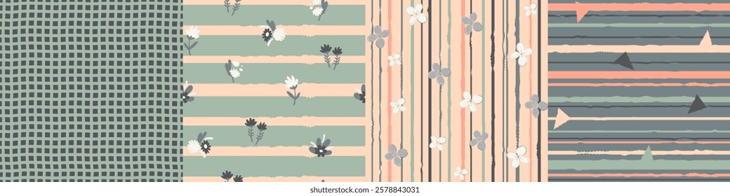 Set of seamless patterns, flowers, nature prints, checkered, striped, abstract shapes, hand drawn, green and pink color, vector illustration