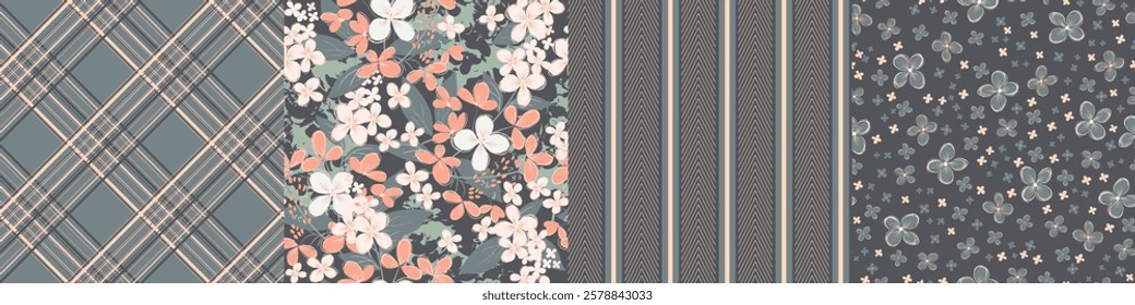 Set of seamless patterns, flowers, nature prints, checkered, striped, abstract shapes, hand drawn, green and pink color, vector illustration