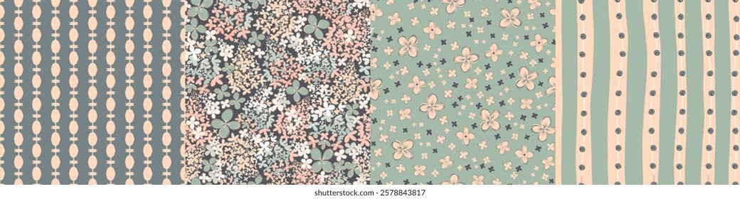 Set of seamless patterns, flowers, nature prints, checkered, striped, abstract shapes, hand drawn, green and pink color, vector illustration