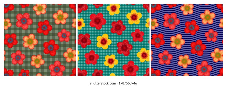 Set of seamless patterns with flowers on textured gingham and waved background. Repeat abstract floral patterns. Vector illustration.