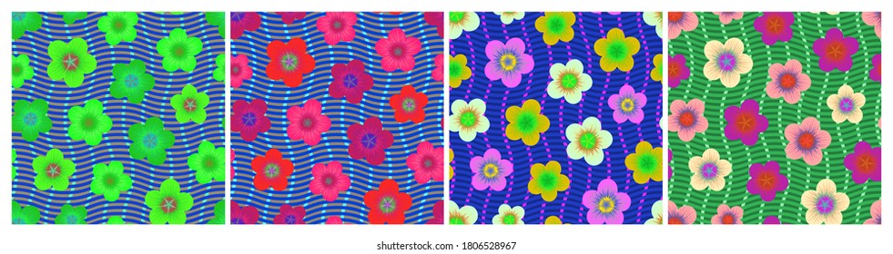 Set of seamless patterns with flowers on wavy background. Repeat abstract floral waved patterns. Vector illustration.
