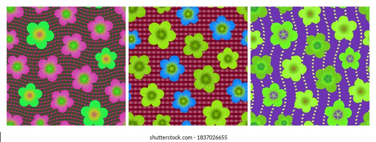 Set of seamless patterns with flowers on textured, gingham and waved background. Repeat abstract floral patterns. Vector illustration.