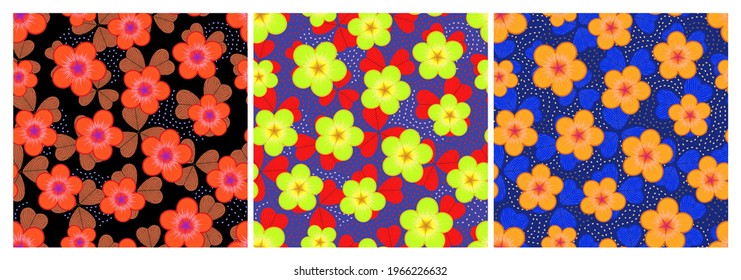 Set von nahtlosen Mustern mit Blumen auf strukturiertem Hintergrund. Wiederholen Sie abstrakte Blumenmuster. Vektorgrafik.
