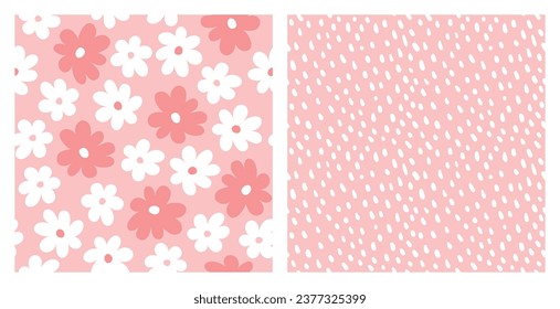 Set of seamless patterns of flowers and polka dots, hand drawn