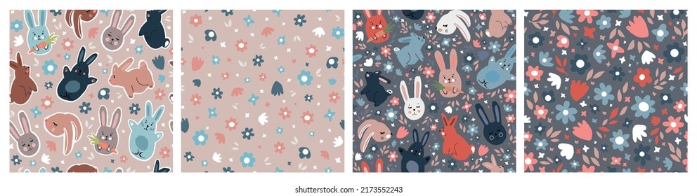 Set of seamless patterns of flowers and rabbits. Cute baby illustrations.