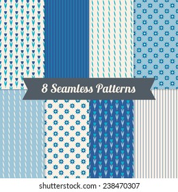 Set of Seamless Patterns with Flowers and Stripes in Cyan, Dusk Blue, Blue and Beige. Perfect for wallpapers, pattern fills, web backgrounds, birthday and wedding cards 
