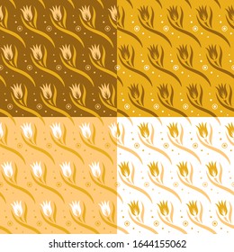 Set of seamless patterns with flowers (tulip buds), leaves and waves. Floral ornament on beige, yellow and brown backgrounds. Repeating texture for wallpaper design, textile, wrapping paper. Vector.