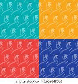 Set of seamless patterns with flowers (tulip buds), leaves and waves. Floral ornament on blue, yellow, red backgrounds. Repeating texture for wallpaper design, textile, wrapping paper. Vector image.