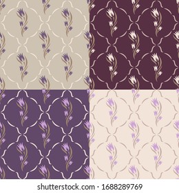 Set of seamless patterns with flowers (tulip buds). Floral motif on a dark, gray, burgundy, purple background. Endless repeating texture for fabrics, textiles, linens, carpets, wrapping paper, tiles. 