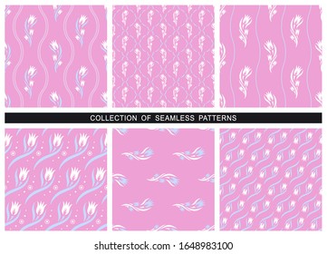 Set of seamless patterns with flowers (tulips), leaves and waves. Floral ornament in light pink and blue colors. Repeating texture for the design of wallpaper, textile, wrapping paper. Vector image.