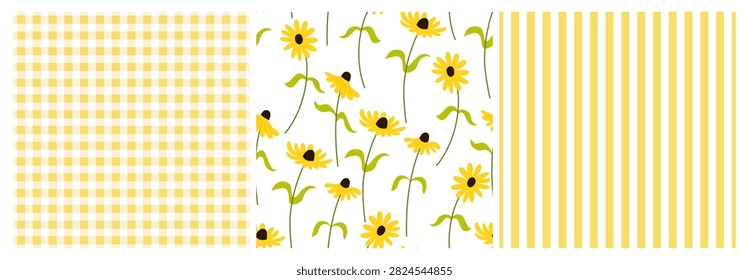 Set of seamless patterns with flowers, yellow pastel stripes and vichy checks. Black eyed susans flowers. Summer vector backgrounds with cute designs