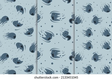 Set of seamless patterns with flying funny burgundy ghosts isolated. Flat Art Vector Illustration