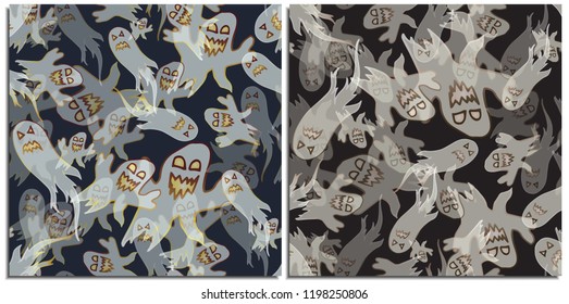 A set of seamless patterns with flying sinister and malevolent translucent ghosts. These ghosts inspire horror and fear, painted in gloomy colors on a dark blue and black background.